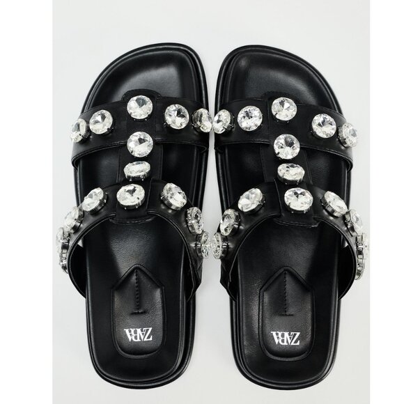 BLOGGER'S FAVE! Zara Faux Leather Gem Sandals Black NWT - Picture 1 of 13